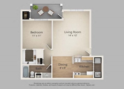 Floor plan for 1 bed, 1 bath, 756 sqft